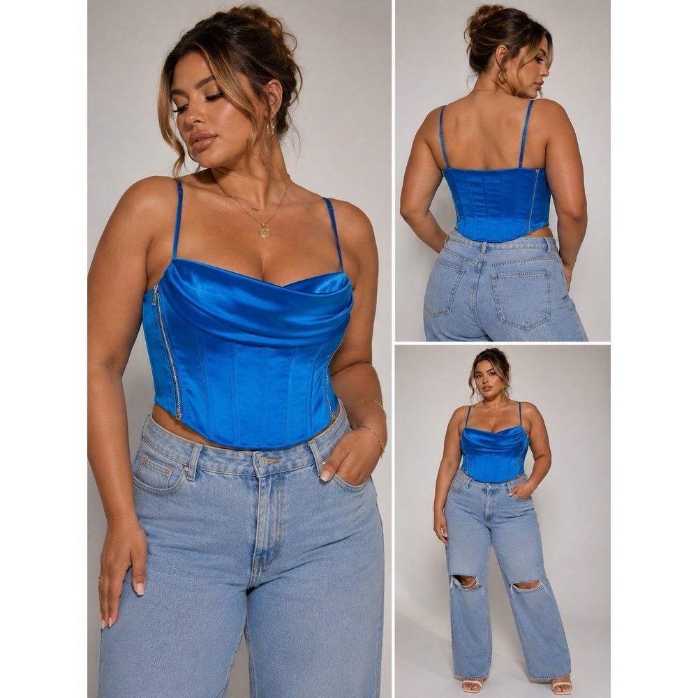 MESHKI Blue Satin Like Corset Crop Top XL Off Shoulder Cowl Neck Party Clubwear